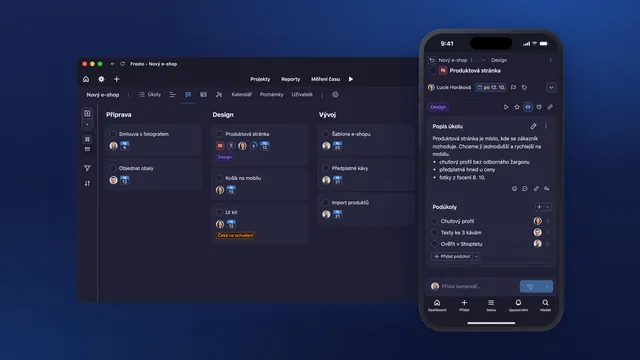 Aplikace Freelo v tmavém režimu na počítači i v mobilu.