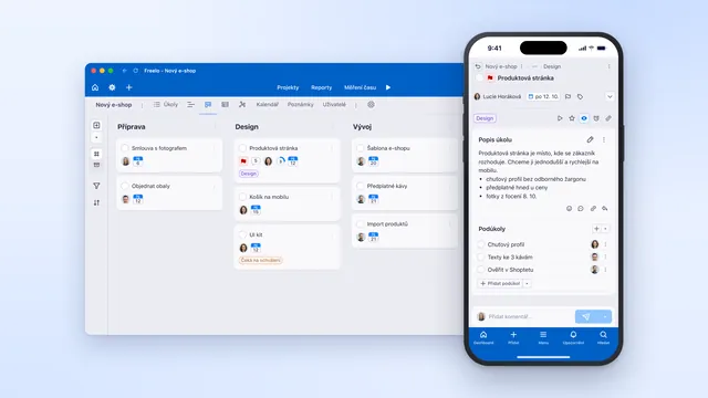 Aplikace Freelo na počítači i v mobilu: Kanban projektu a detail úkolu v telefonu.