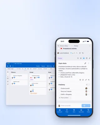 Freelo na počítači i v mobilu, formát na výšku s volným místem nahoře pro titulek.