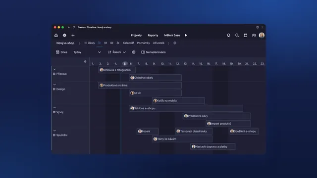 Timeline (Ganttův diagram) ukazuje, jak na sebe úkoly projektu navazují v čase. V tmavém režimu.