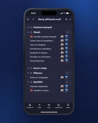 Vlastní úkoly napříč projekty v mobilní aplikaci Freelo, seřazené podle termínů. V tmavém režimu.