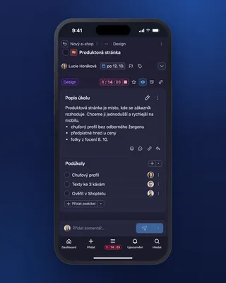 Měření času na úkolu v mobilní aplikaci Freelo, odpracované hodiny jsou hned vidět. V tmavém režimu.