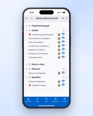 Vlastní úkoly napříč projekty v mobilní aplikaci Freelo, seřazené podle termínů.