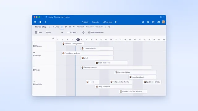 Timeline (Ganttův diagram) ukazuje, jak na sebe úkoly projektu navazují v čase.