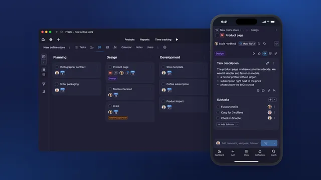 The Freelo app in dark mode on desktop and mobile.