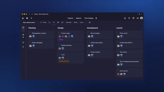 Kanban board in Freelo: tasks for a new online store split by project phase. In dark mode.