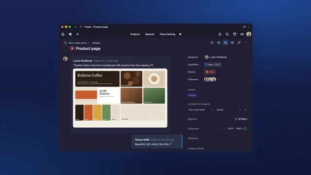 Comments, mentions and attachments right in the task, without long email threads. In dark mode.