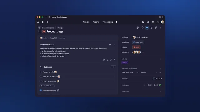 Task detail with a description, subtasks, assignees and tracked time. In dark mode.