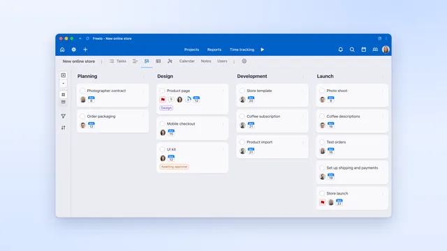 Kanban board in Freelo: tasks for a new online store split by project phase.