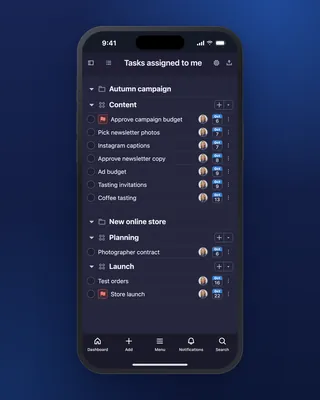 Your tasks across projects in the Freelo mobile app, sorted by due date. In dark mode.
