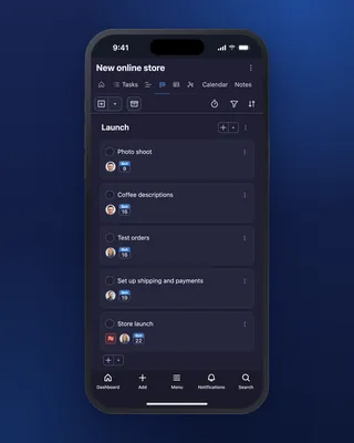 A project Kanban board in the Freelo mobile app: tasks split by project phase. In dark mode.