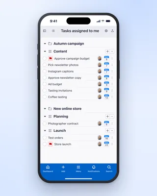 Your tasks across projects in the Freelo mobile app, sorted by due date.