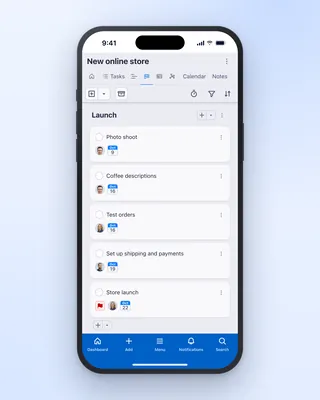 A project Kanban board in the Freelo mobile app: tasks split by project phase.