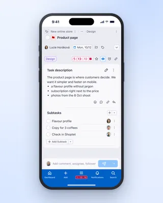 Time tracking on a task in the Freelo mobile app, with tracked hours visible right away.