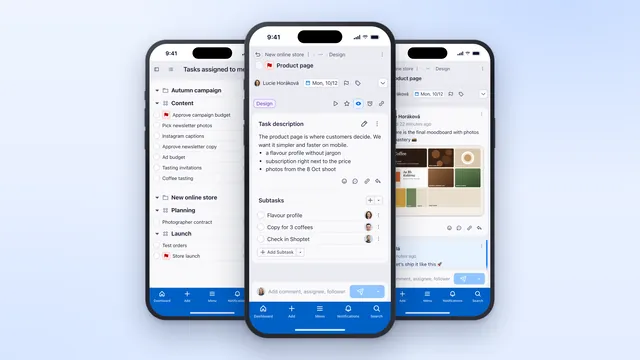 Freelo on mobile: your tasks, a task detail and a discussion with colleagues.