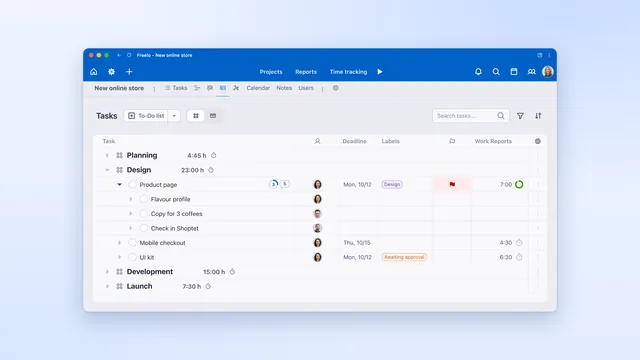 Project tasks in a table with subtasks, assignees, due dates, labels and tracked time.