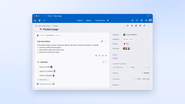 Task detail with a description, subtasks, assignees and tracked time.