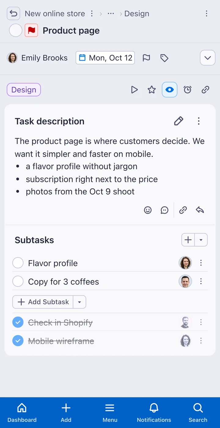 Task detail in Freelo on an iPhone