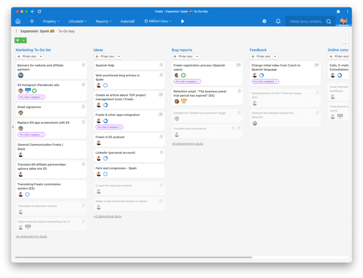 Detail projektu: stĺpce kanban