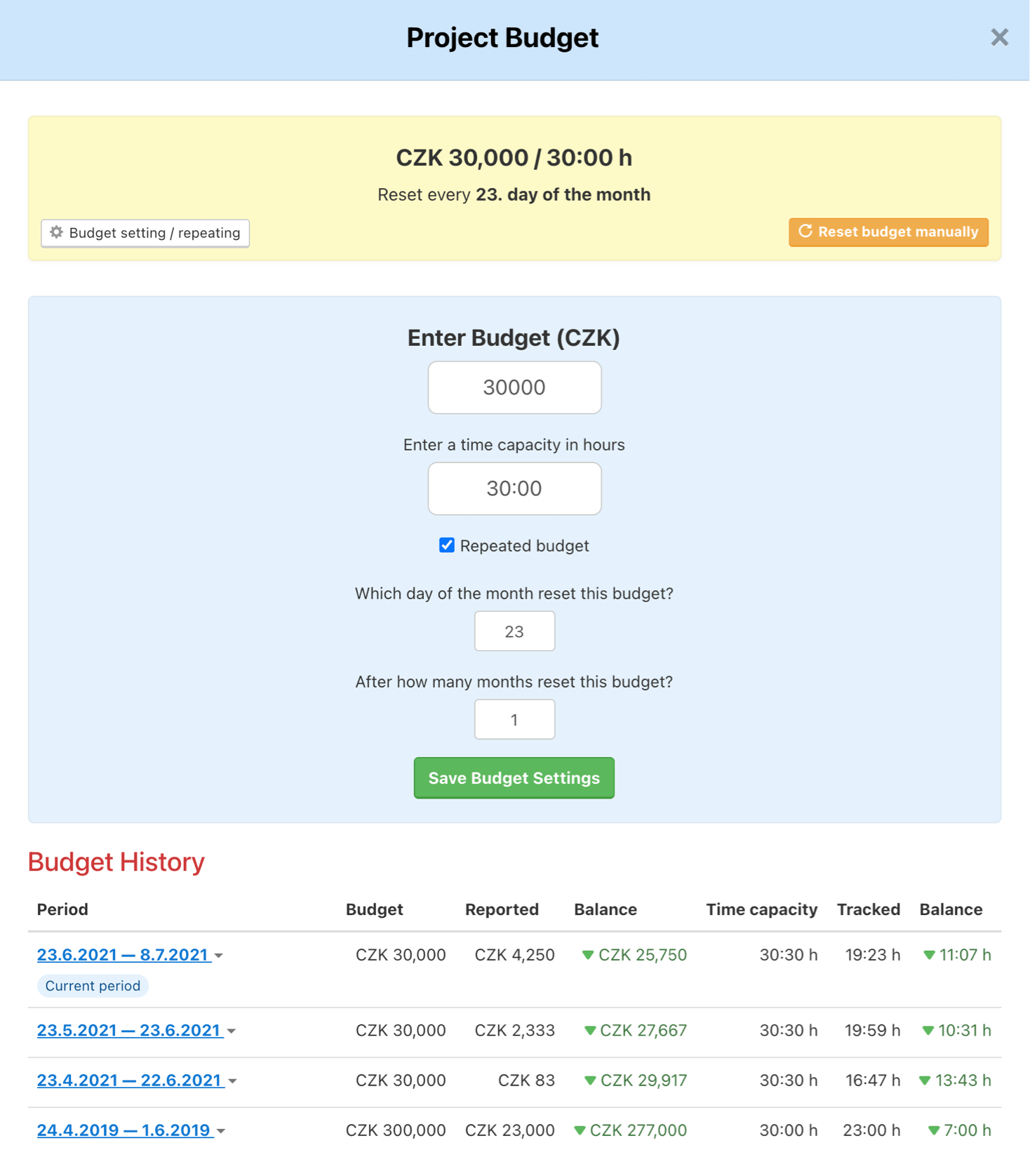 Budgeting feature inside of the Freelo application