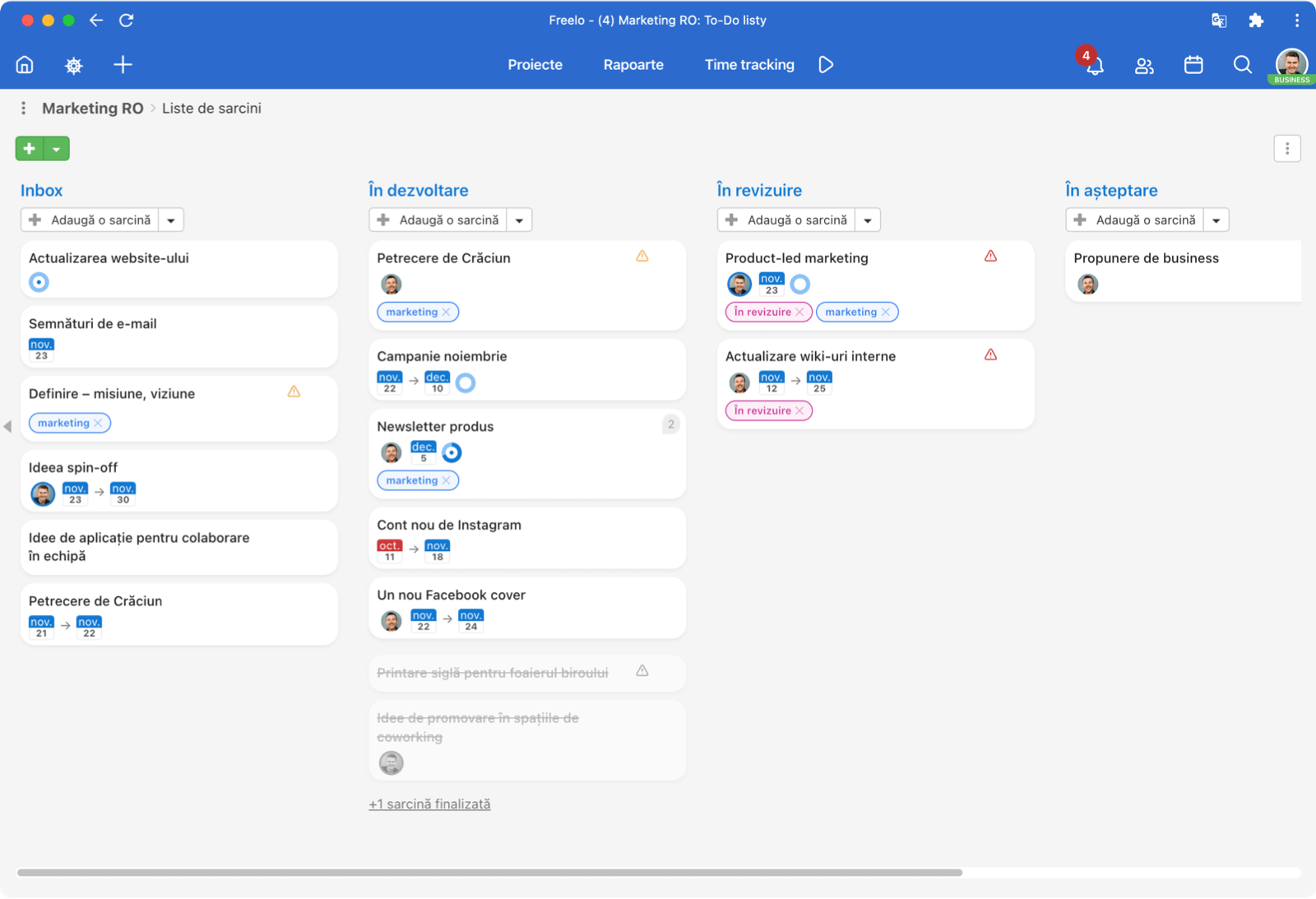 Kanban view over To-Do lists inside of Freelo application