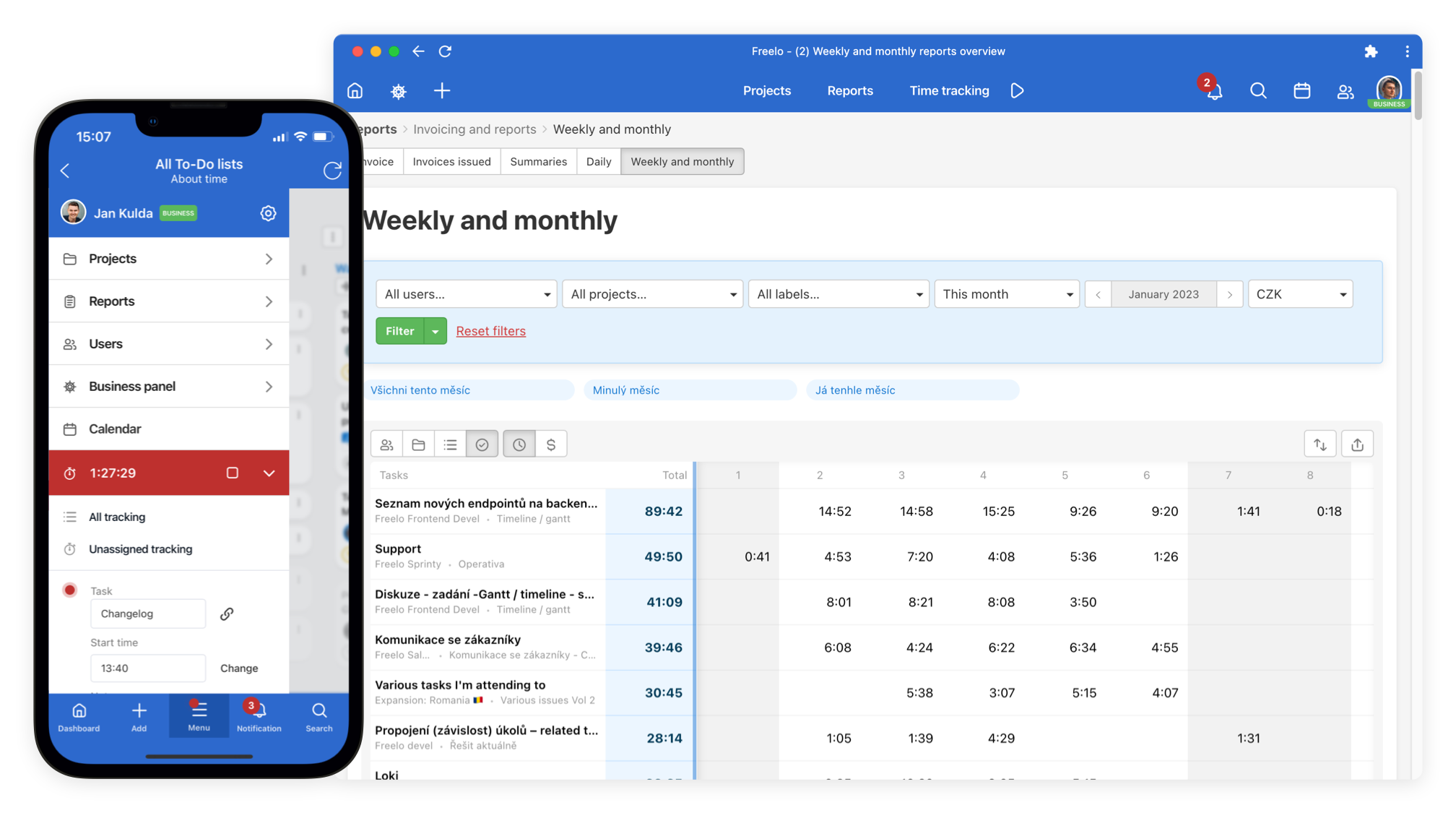 Timetracking feature inside of the Freelo application