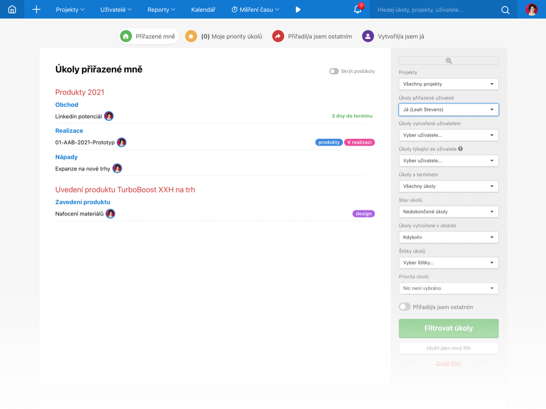 Dashboard: Úkoly uživatele