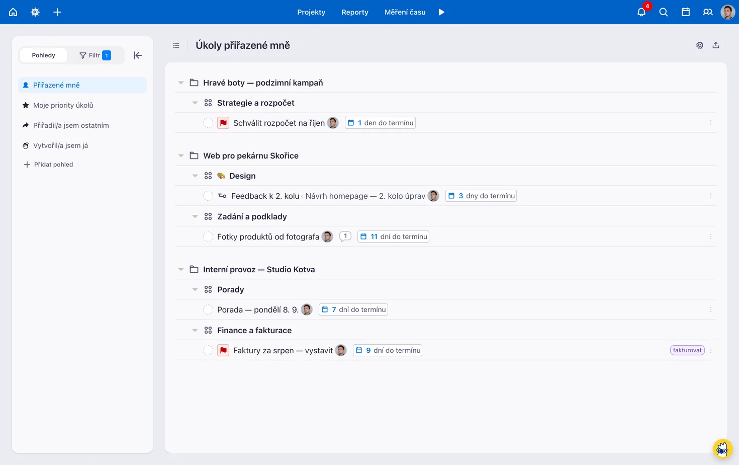 Tabulka úkolů na novém Dashboardu s ikonkou podúkolu